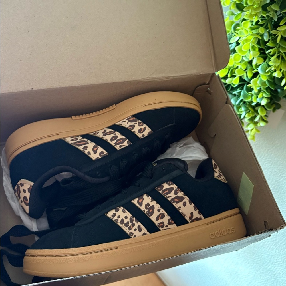 NWT!!! Adidas Grand Court Alpha Black with Animal Print Sneakers